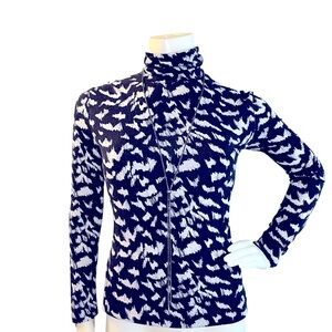 Boss Navy White Patterned Printed Knit Long Sleeved Stretch Turtleneck Corpcore